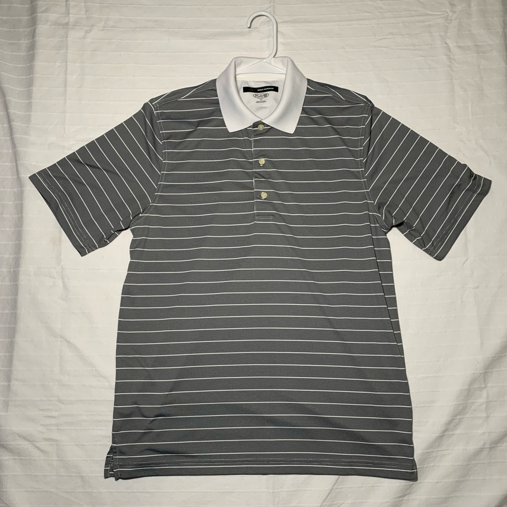 Mens Greg Norman Golf Polo. Size S. Grey with White Stripes. White Collar.